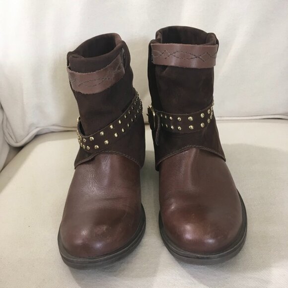 Brown Gold Studded Leather Ankle Boots - Picture 2 of 9